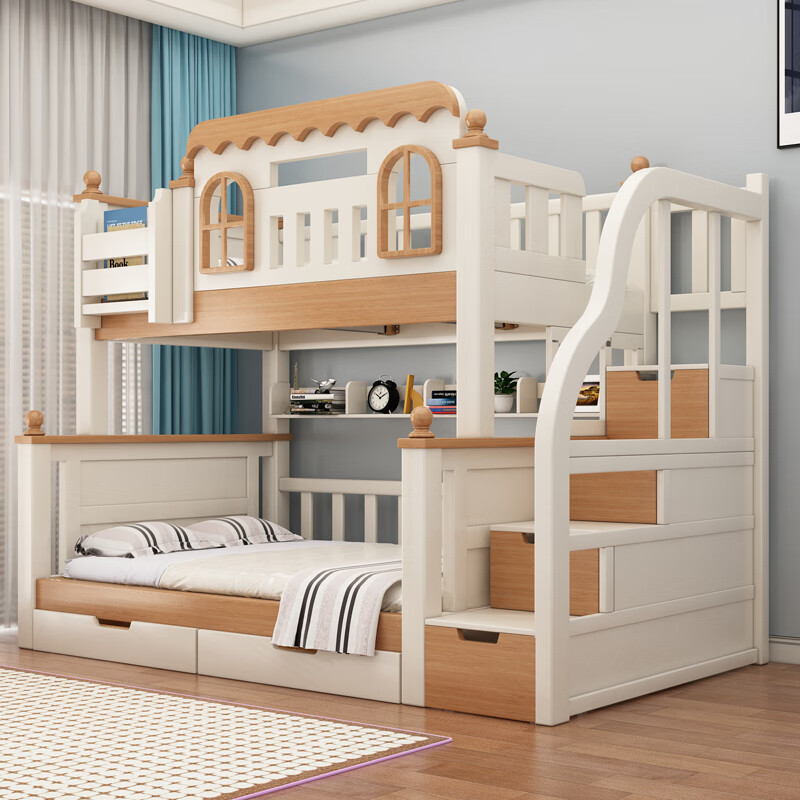 Solid wood high and low bed and bunk bed for adults, double bunk bed, bunk bed, bunk bed, children's bunk bed, mother and baby bed, cabinet ladder - double drawers - 5CM brown mat, upper bed width 150cm, bottom bed width 180cm (comes with bookshelf)