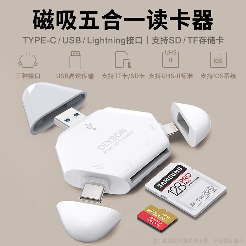 OLYSON three-in-one card reader multi-function suitable for Apple 17 mobile phone USB3.0 DJI Sony Canon SLR camera SD card Type-c computer iPad recorder TF memory card white Apple/TYPE-C/USB interface TF/SD card 3.0 upgraded version