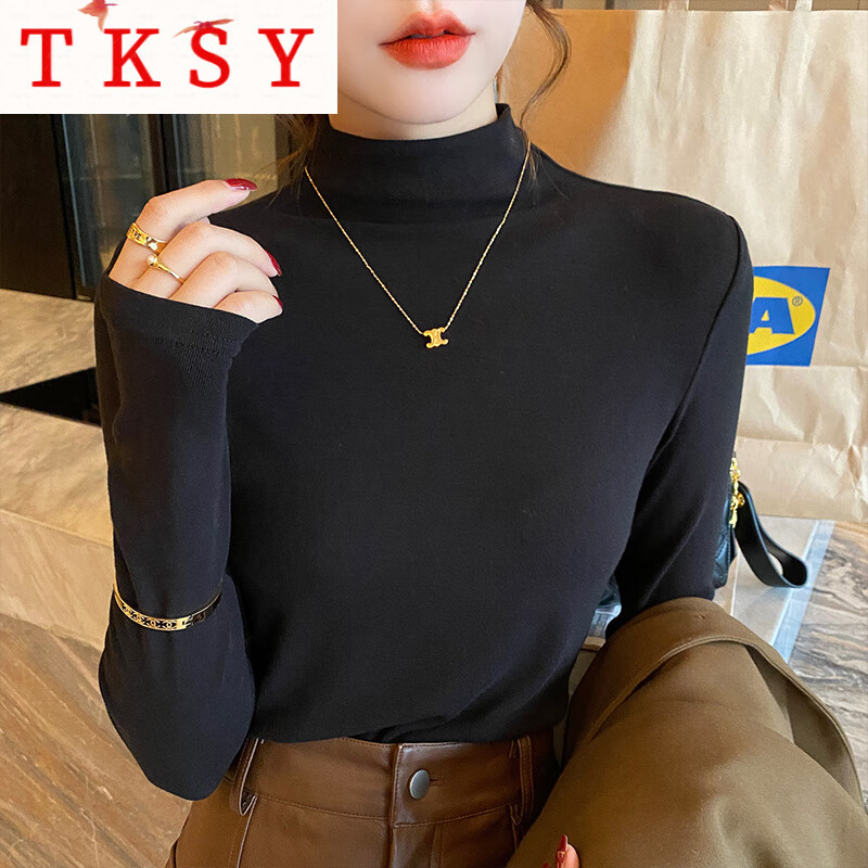TKSY bottoming shirt for women 2025 new black half-high collar can be worn outside autumn and winter dark gray mid-collar long-sleeved top tinware gray upgraded brushing / style thickened S