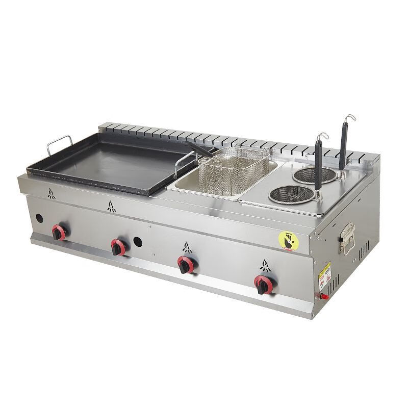 Teruiside gas pot sticker machine commercial stall Teppanyaki hand cake pan-fried bun fried combination machine fried dumpling potato cake machine 55 pot sticker machine double boiler + 2 oden