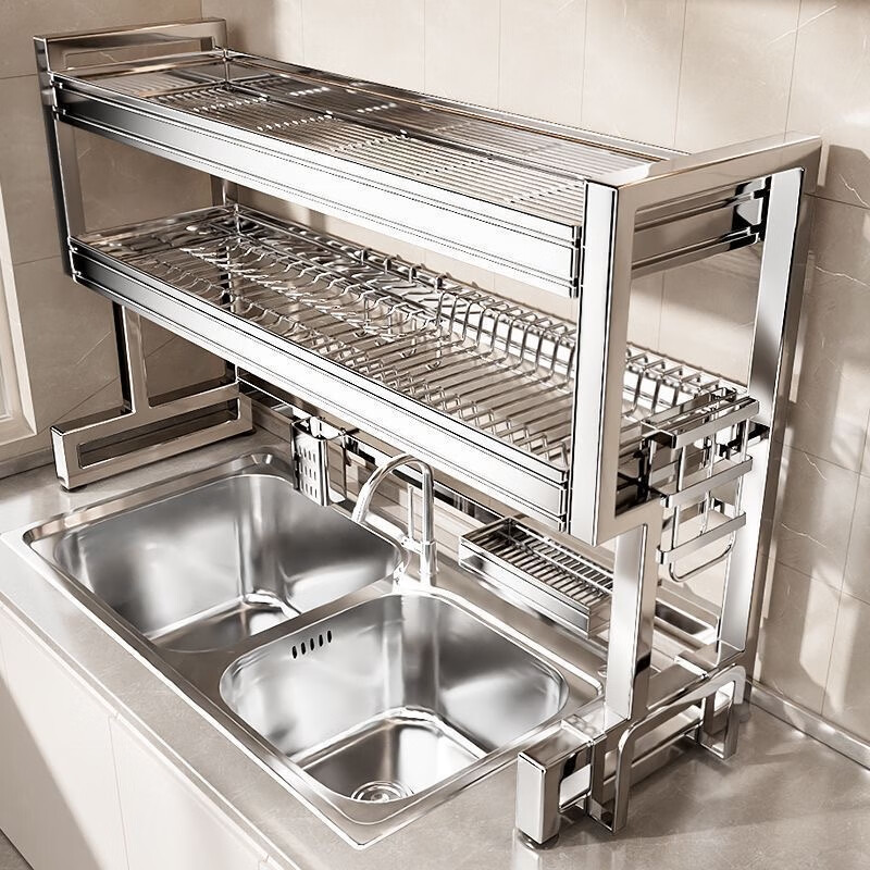 Benwang (BW) stainless steel thickened kitchen sink storage rack drain rack sink side drain basket countertop sink dish storage rack double layer thickened 304 stainless steel 66cm free five-piece set