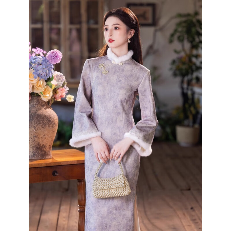 Du Yanzhi 2025 winter new style jacquard composite super soft plus velvet thickened long cheongsam light purple noble and elegant temperament cheongsam light purple plus velvet L 100-110 catties (height standard of 1.6 meters)