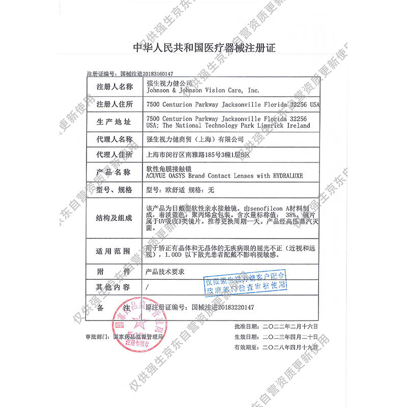 Johnson & Johnson Daily Disposable European Comfort Contact Lenses Imported Silicone Hydrogel Medical Moisturizing High Oxygen Permeability 5 Pieces 475 Degrees
