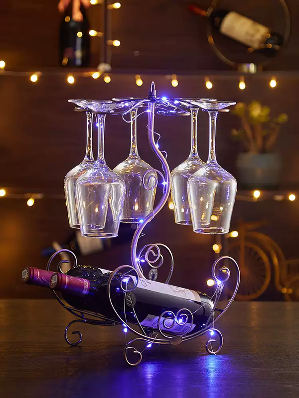 Fantasy creative wine rack, home wine bottle rack, upside-down wine glass rack, European style wine cabinet ornaments, wine rack, small flower boat - gold + 6 180ml wine glasses