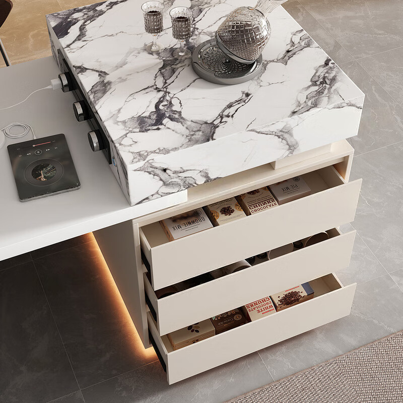 Maifang Baoge retro-style island dining table with integrated retractable high-end all-rock board home dining side cabinet kitchen guide table, induction cooker type + tea making type, island dining table + 4 chairs, one-legged 2m