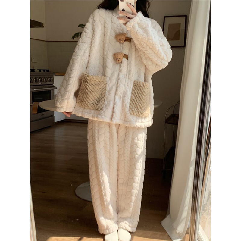 LangSha Coral Velvet Women's Pajamas Women's Plus Velvet Thickened Winter New Internet Celebrity Princess Warm Flannel Bear Home Clothes