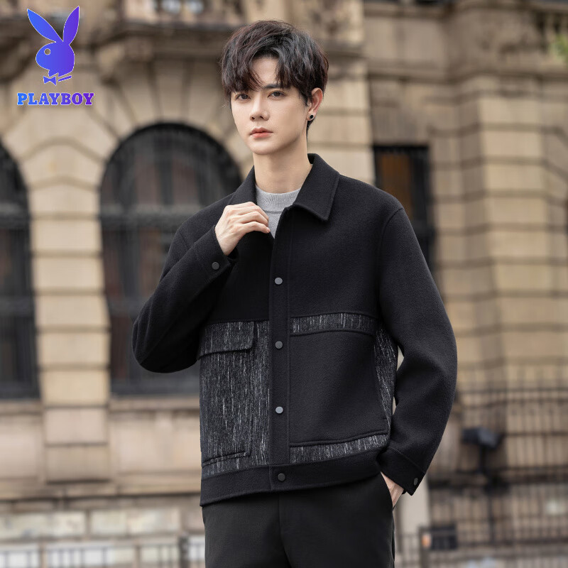 Playboy (PLAYBOY) Woolen Jacket Men's 2025 Autumn and Winter New Double-sided Wool Coat Short Men's Tops Handsome Woolen Jacket Black L