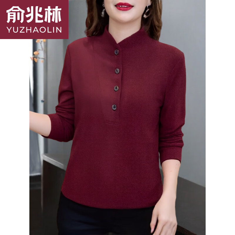 Yu Zhaolin autumn and winter German velvet bottoming shirt for women middle-aged mother long-sleeved T-shirt large size warm and cold-proof inner stand-up collar top burgundy 5XL (recommended 180-200 pounds)