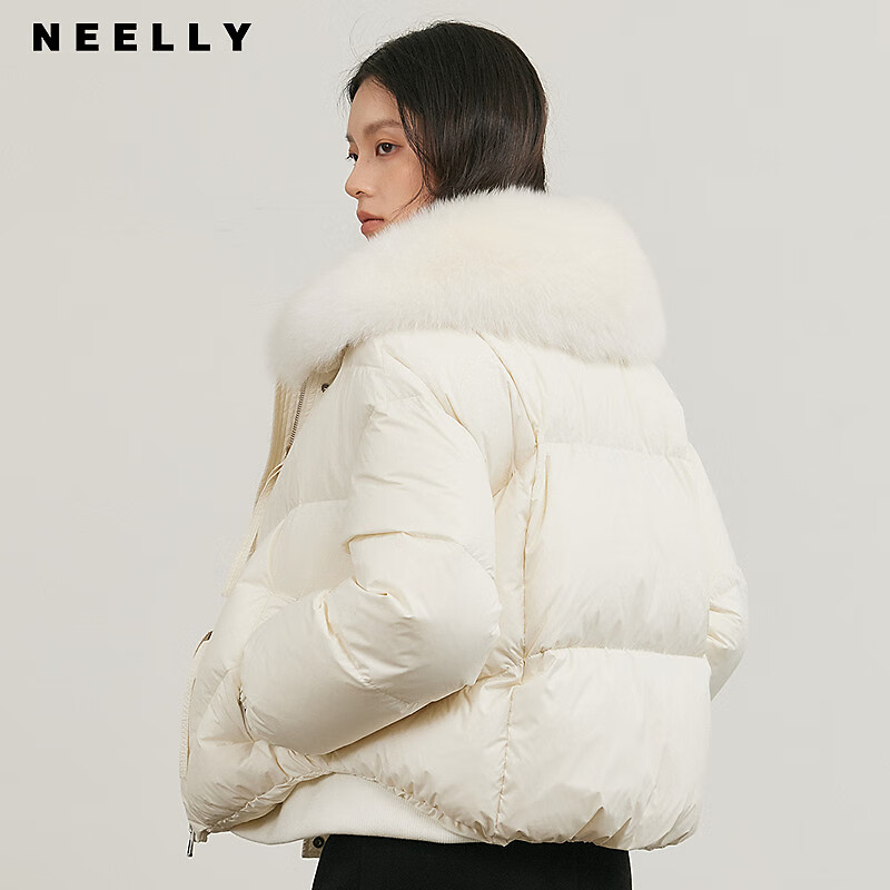 NEELLY shopping mall's same style winter new fox fur collar loose down jacket for women 90 white duck down short jacket ivory white S