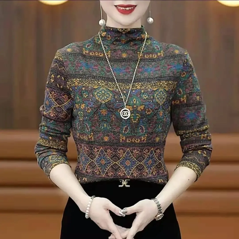 Yu Yixiang half turtleneck bottoming shirt for women 2025 autumn and winter new long-sleeved large size loose printed western style T-shirt inner top, retro color XL 120-140 catties