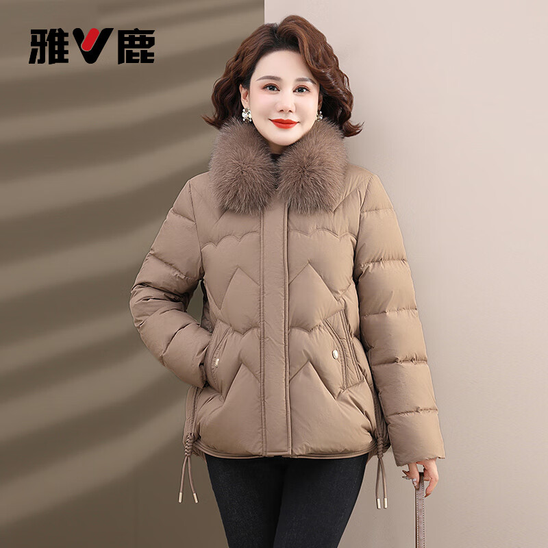 Yalu mommy warm down jacket middle-aged and elderly women fox fur collar luxury coat khaki 175