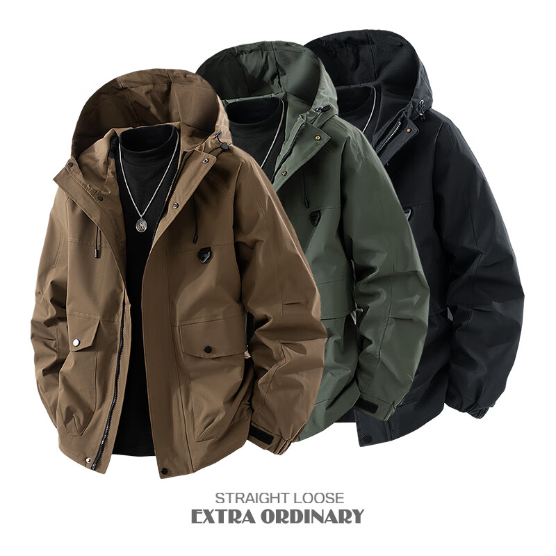 LOFVRANG plus size plus size jacket for men in autumn and winter, thickened with cotton, warm and loose, fat hooded workwear windproof and waterproof jacket, black, thickened with cotton, 7XL, suitable for 255 to 275 pounds