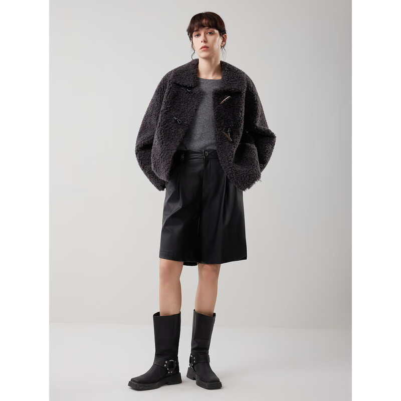 ELLE Sheep Wool Horn Button Plush Short Jacket Women 2025 Winter New New Year Retro Commuting Lamb Wool Top Dark Gray M