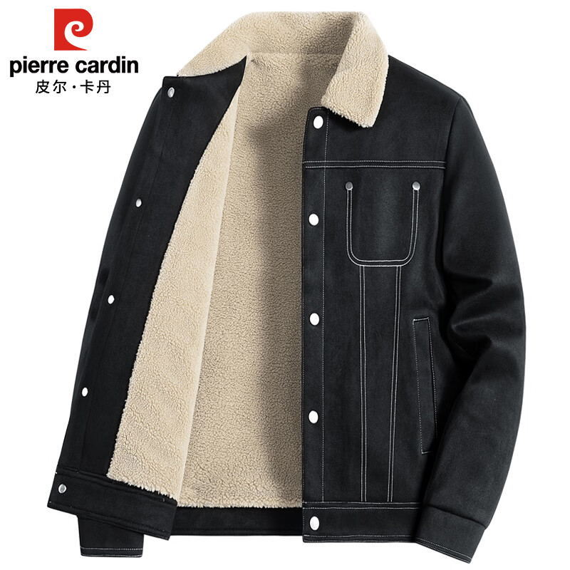 Pierre Cardin velvet jacket men's autumn and winter suede jacket men's thickened warm casual top black 2XL