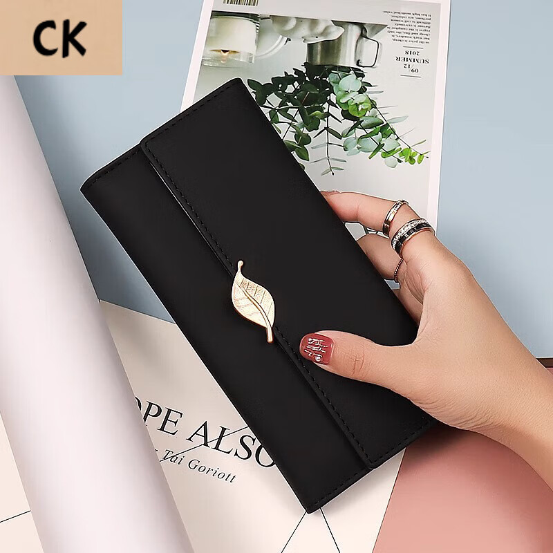 CHLING KAYAN Small ck Women's Bag Wallet Women's 2025 New Large Capacity Women's Long Wallet Small Fresh Leaf Card Holder Black