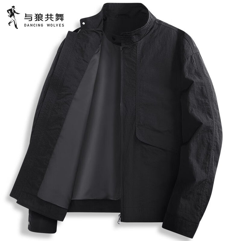 Dances with Wolves Harrington Stand Collar Jacket Men's 2025 Autumn New Men's Versatile Easy-Care Windproof Jacket 1075 Black 001 L (175)