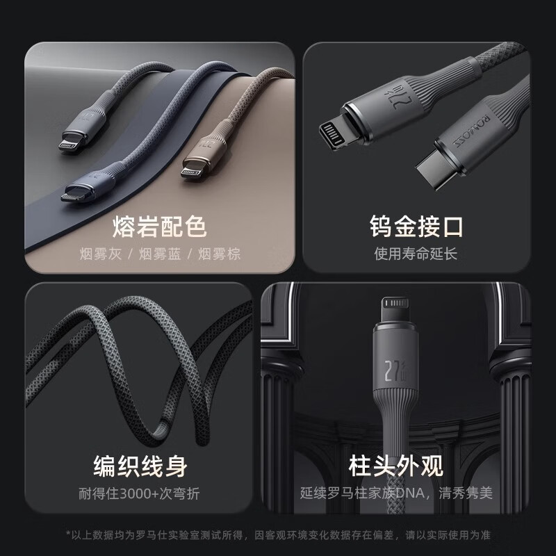 ROMOSS braided data cable PD27W suitable for Apple mobile phone 14 charging cable fast charging cable typec two meters Apple USB model lava smoke gray braided version 1.2 meters