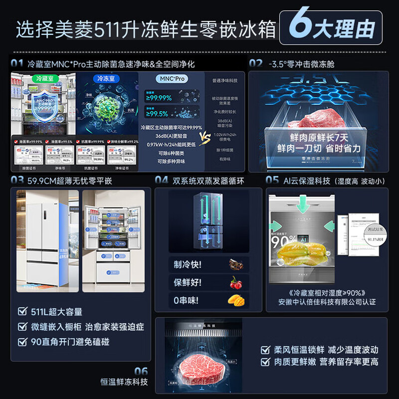Meiling Frozen Fresh 511 King French multi-door ultra-thin zero-embedded dual-system dual-cycle frequency conversion air-cooled frost-free household refrigerator BCD-511WFPU9CDZX