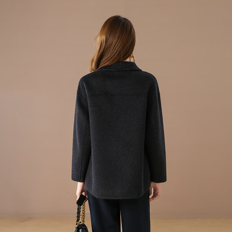 Qianbainian 100% sheep wool double-sided wool coat for women autumn and winter new style small lapel single-breasted mid-length coat carbon black L