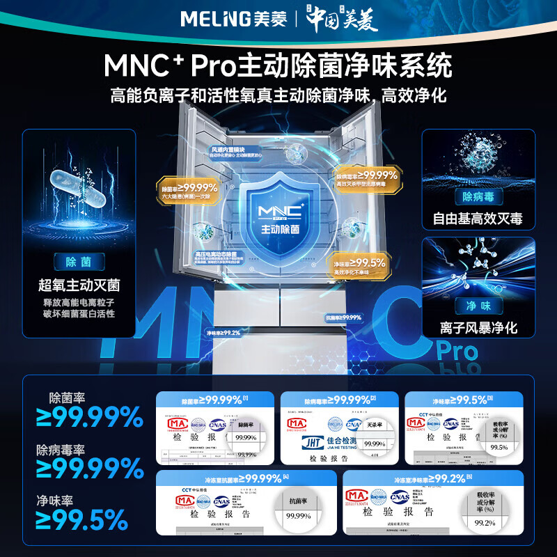 MeiLing French 510-liter five-door multi-door refrigerator small apricot double cycle dual system ultra-thin zero embedded active sterilization and odor automatic ice making glass panel 510WFPU9BIZX