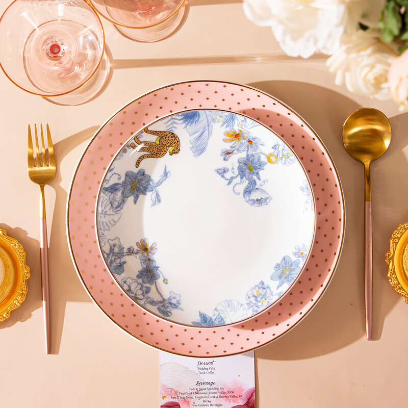 Tao Xichuan CERAMIC ART AVENUE Jingdezhen Ceramic Dinner Bowls and Tableware Sets for Home Glazed Chinese Couple Food Combo Souvenirs Pink Jungle-8 Inch Shallow Plate*1