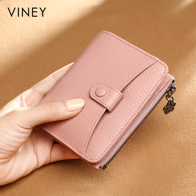 Viney first-layer cowhide women's wallet short folding zipper coin purse multi-card slot multi-functional wallet card holder document bag