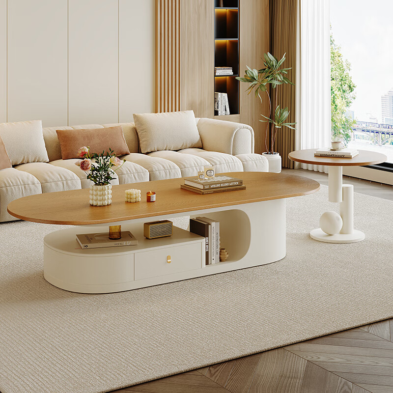 Home cream style living room solid wood coffee table small apartment home light luxury oval table tea table antique style high-end tea table solid wood countertop rosewood color oval coffee table 120*60*42cm