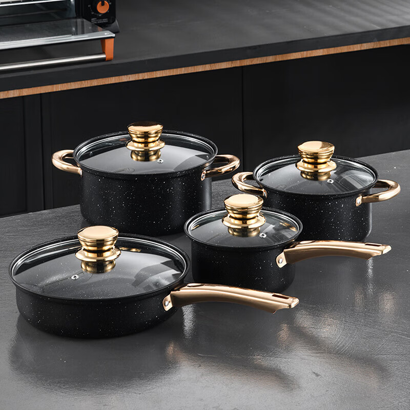 Medical stone pot set non-stick thickened single-handle double-ear cooking pot milk pot soup pot frying pan household combination set 18cm milk pot + 20cm soup pot + 24cm soup pot + 26cm frying pan