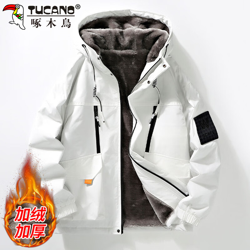 Woodpecker (TUCANO) Jacket Men's Winter Velvet Thickened Hooded Jacket Loose Warm Workwear Jacket Casual Men's White XL