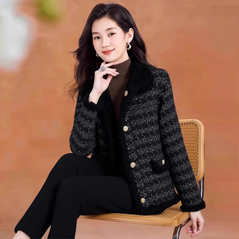 Kebei's double-sided Xiaoxiangfeng woolen coat for women winter new style plus velvet thickened plush short top black M