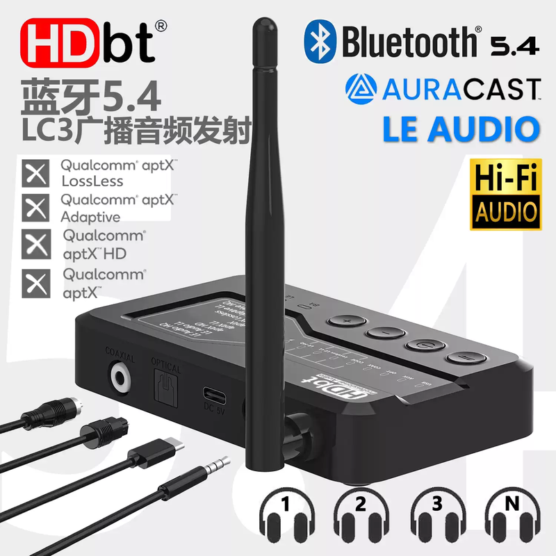 Qualcomm QCC core LC3 Bluetooth 5.4 fiber optic coaxial USB broadcast AURACAST audio transmitter B52MAX one-to-three B520PRO Bluetooth broadcast
