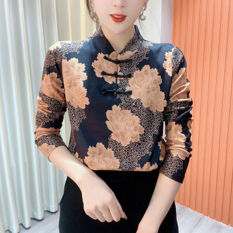 Hengyuanxiang plus velvet 2025 winter stand-up collar printed plate button national style top versatile long-sleeved age-reducing flesh-covering bottoming shirt for Mrs. Pink XL 90-110 catties