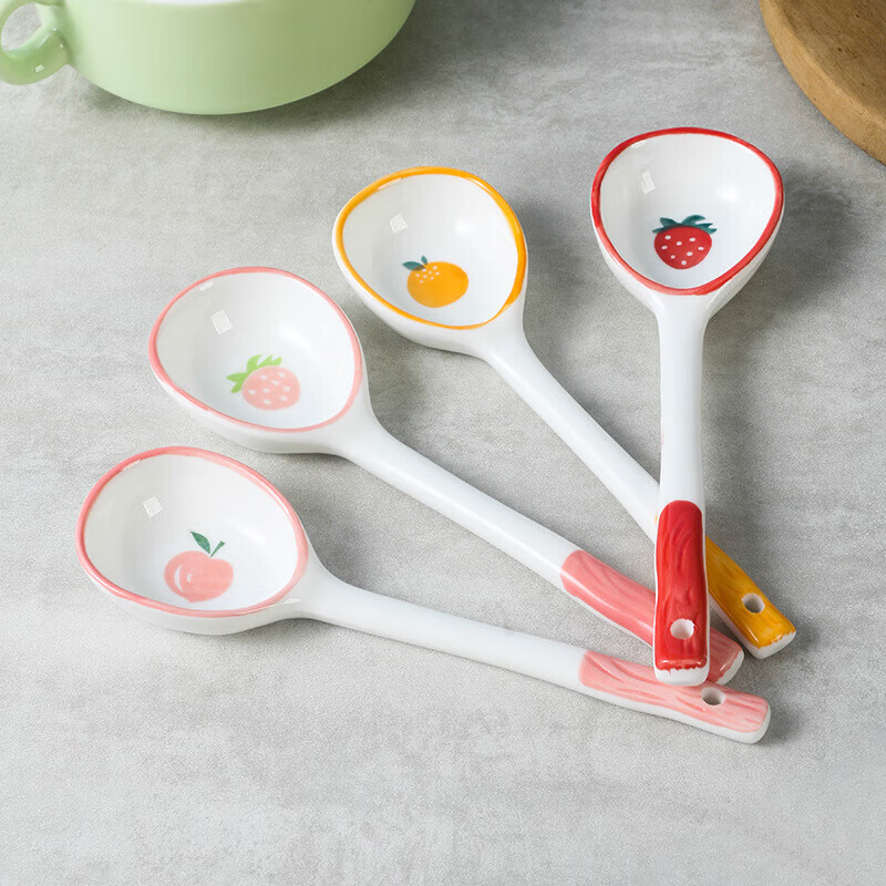 Ceramic cartoon long-handled spoon Internet celebrity spoon small spoon baby spoon drinking spoon underglaze color spoon random Internet celebrity spoon (different colors) 4 pieces