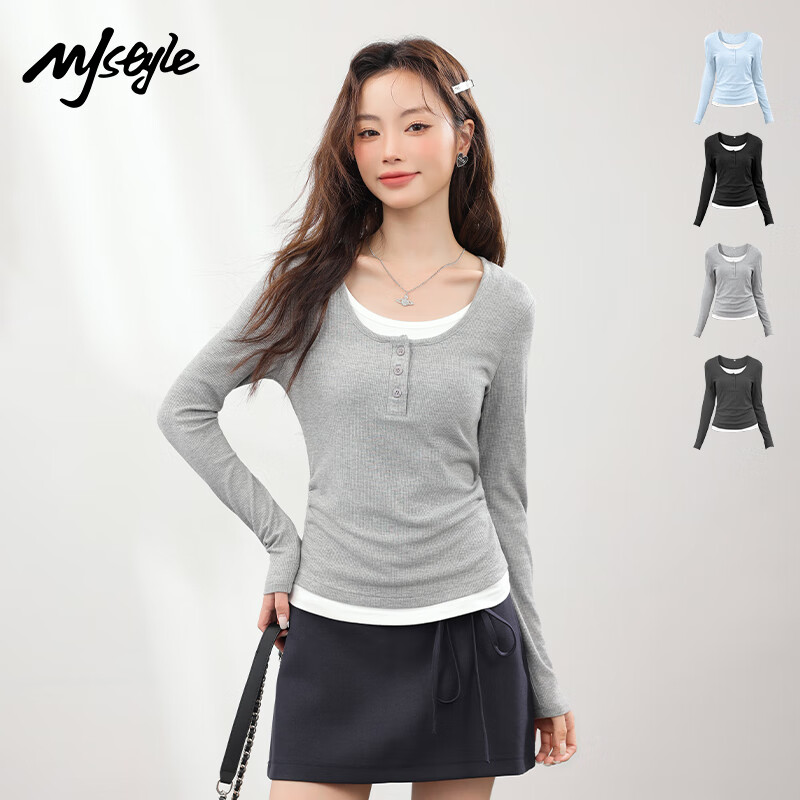 MJ STYLE contrasting fake two-piece long-sleeved T-shirt for women 2026 spring and autumn new Korean style slim fit right shoulder inner layering shirt