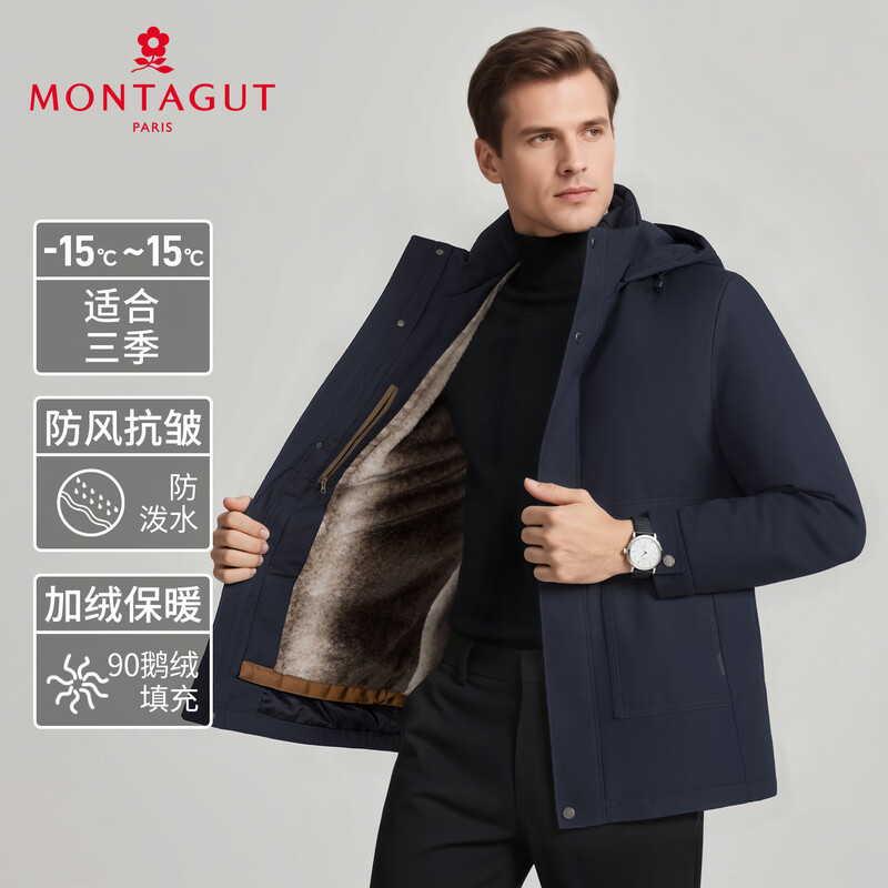 MONTAGUT Winter Men's Down Jacket Hooded Liner Removable 90 Goose Down Warm Jacket Navy 50