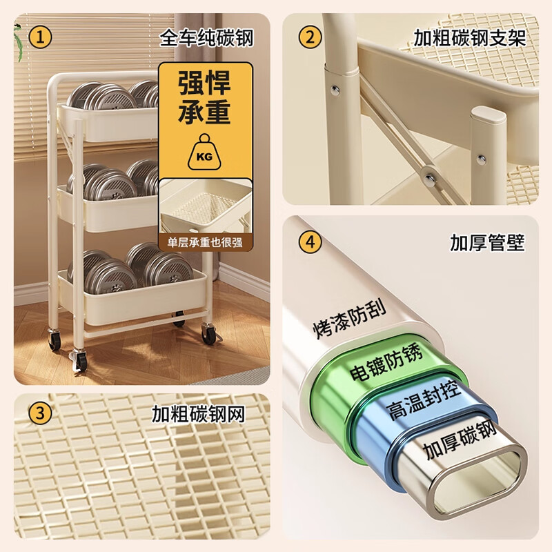 Quanpinwu Trolley Kitchen Storage Rack Floor-standing Mobile Foldable Snack Rack Wheeled Storage Rack Free Installation Storage 3W