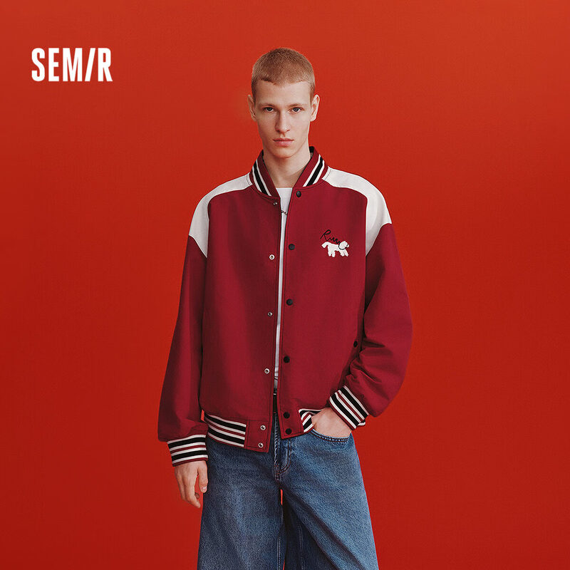 Semir New Year Qiji Red丨Coat Men's 26 Spring Three-proof Embroidered Splicing Top Loose Casual Baseball Jacket Red