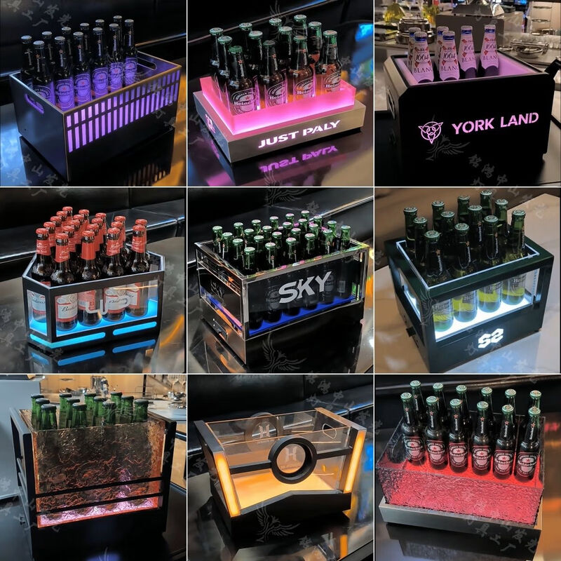 Fantasy bar luminous wine frame V beer basket champagne bucket E luminous ice bucket ice pattern pc anti-fall 24-pack black bottom injection molded wine frame
