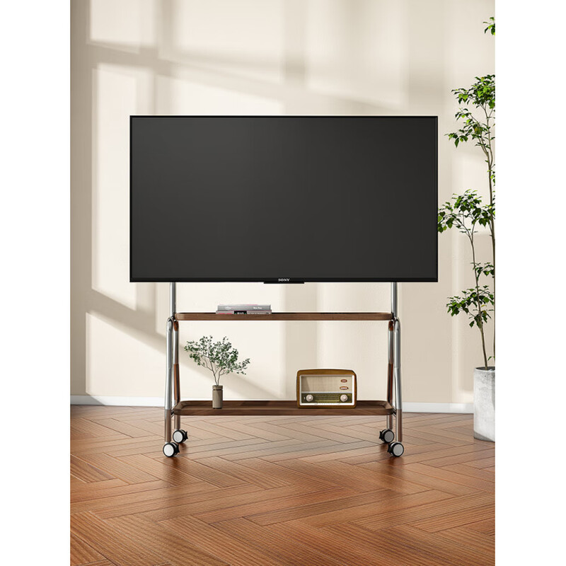 Aoyanlai removable stainless steel TV stand 4375 inches with wheels for home use stainless steel + walnut color single layer_crystal wheel