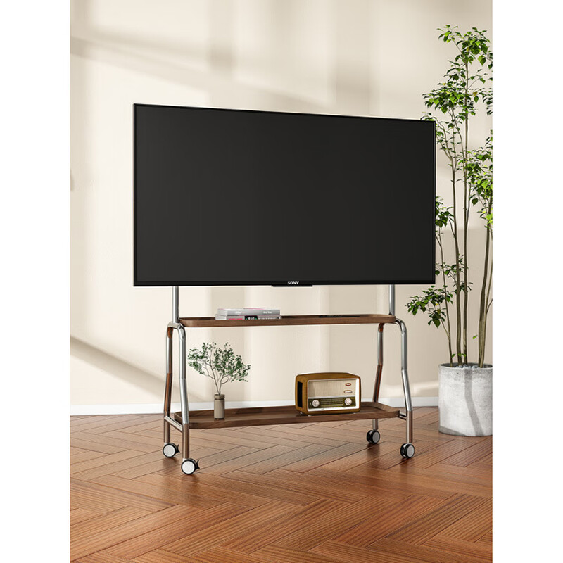 Aoyanlai removable stainless steel TV stand 4375 inches with wheels for home use stainless steel + walnut color single layer_crystal wheel