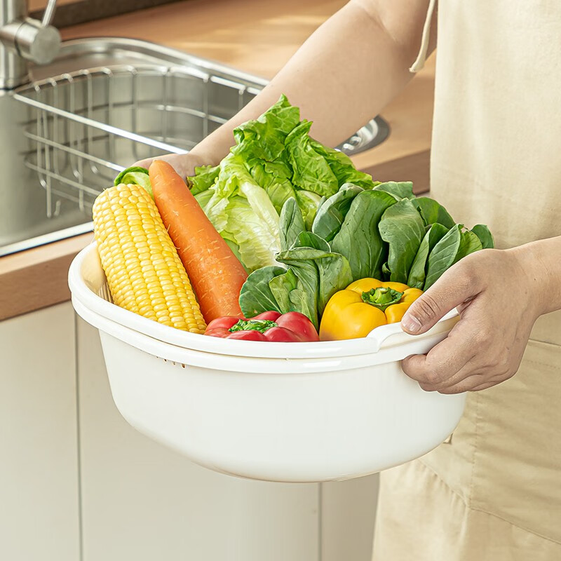Sungsa Japan imported double-layer plastic sink large vegetable basket fruit basket kitchen hollow draining dish storage basket white set (basin + drain basket)