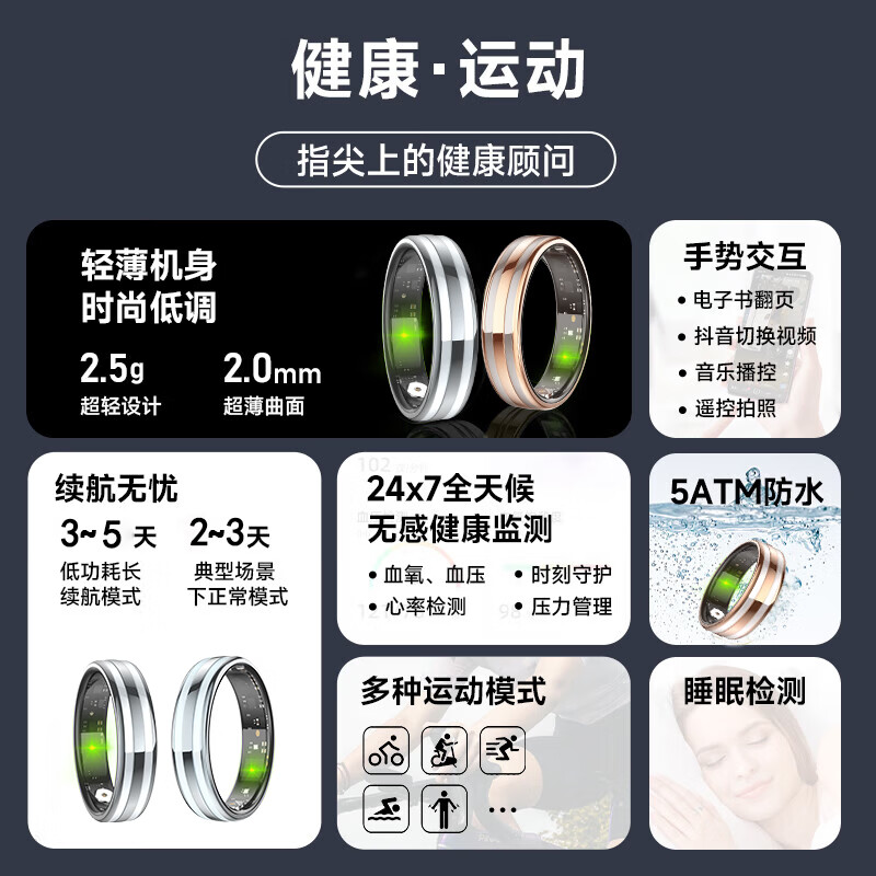 CH High-precision heart rate and blood pressure all-weather monitoring smart ring blood oxygen sleep pressure blood sugar record sports health smart ring ring waterproof gift recommendation