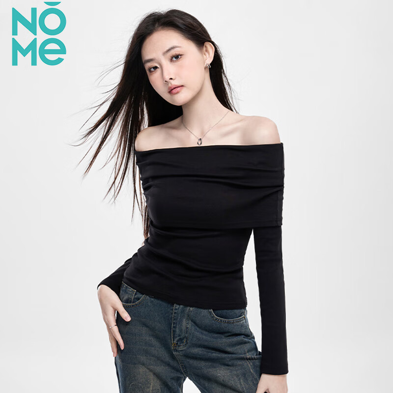 NOME long-sleeved women's spring and autumn new high-end black off-shoulder one-shoulder pure desire bottoming top black L