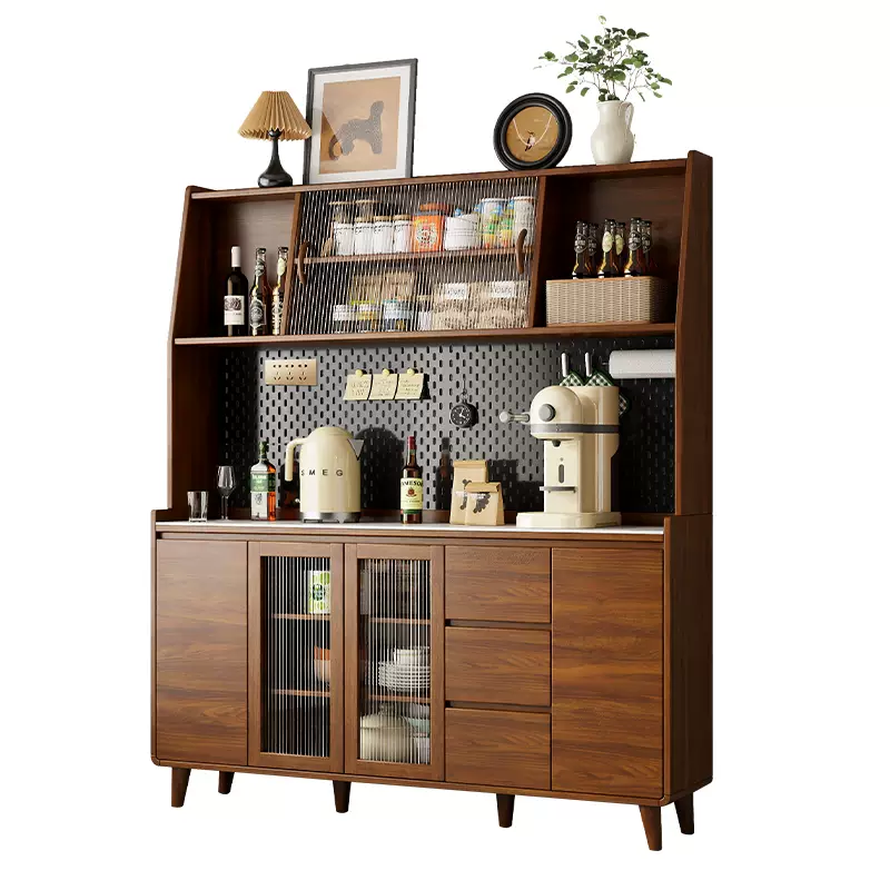 Pupan solid wood sideboard against the wall integrated storage cabinet double layer multi-functional wine cabinet storage cabinet new Chinese tea cabinet all solid wood full panel door cabinet length 180CM free installation