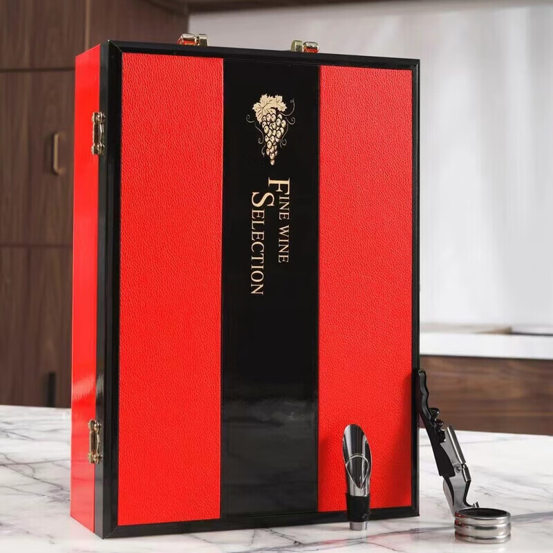 Du Zhunyu red wine gift box 2 empty boxes new luxury sub-wine box 2 bottles gift wine box retro black leather wood knot window open to view two wine bottles + wine utensils (excluding wine)
