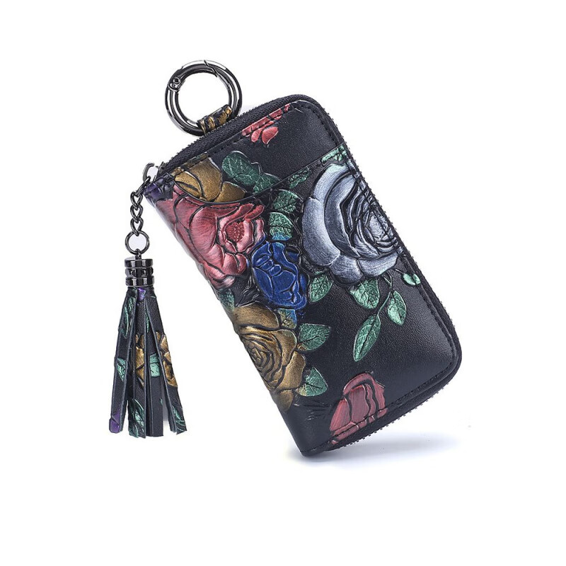 Ye Yu Key Bag Women's Genuine Leather Large Capacity Ethnic Style Painted Card Holder All-in-One Multi-Function Coin Purse Exquisite Small Cowhide Gold Rose