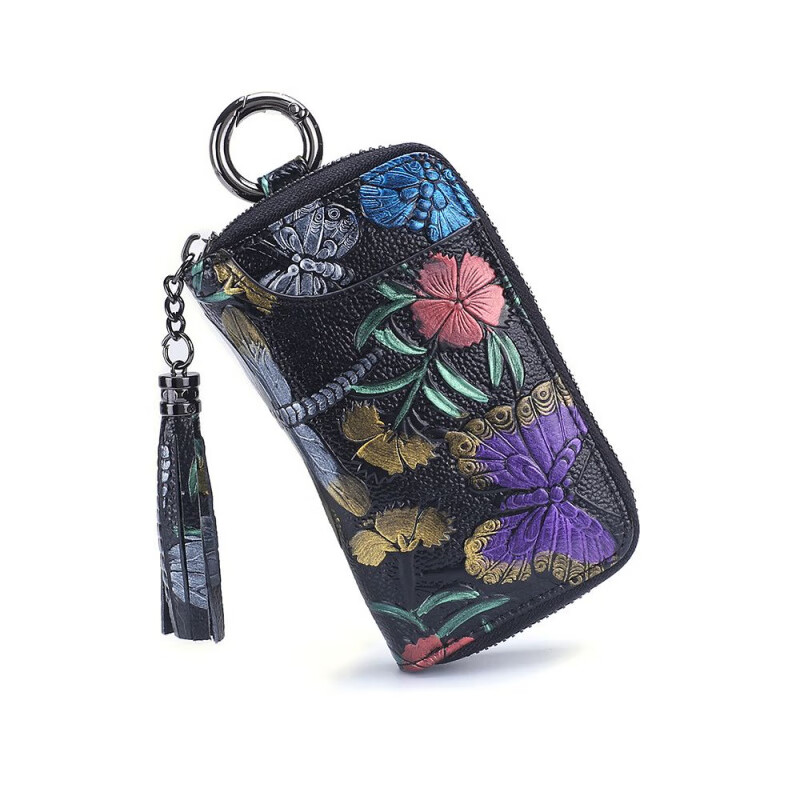 Ye Yu Key Bag Women's Genuine Leather Large Capacity Ethnic Style Painted Card Holder All-in-One Multi-Function Coin Purse Exquisite Small Cowhide Gold Rose