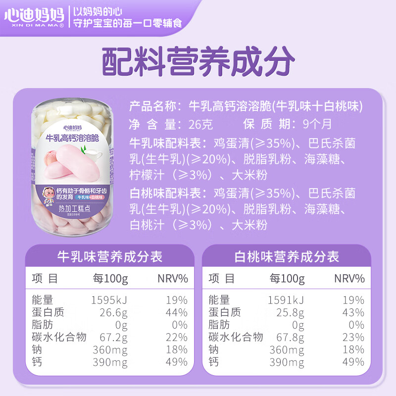 Xindi Mama High Calcium Melting Crisp Beans 26g Baby Snacks and Complementary Food for Children Over 1 Year Old Fruity Flavor 0 Added Sucrose 3 Cans | Value Combination White Peach Flavor + Cherry Flavor + Kiwi Flavor