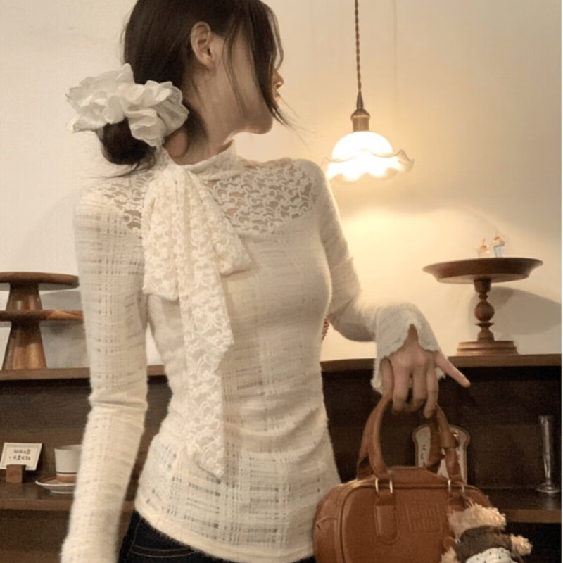 Lugeli bottoming shirt for women, lace knitted spring and autumn bow ribbon design, versatile and chic, slim fit, long sleeves, lace bottoming shirt M, recommended within 95 pounds