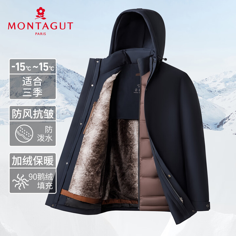 MONTAGUT Winter Men's Down Jacket Hooded Liner Removable 90 Goose Down Warm Jacket Navy 50